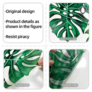 Detail view of waterproof green monstera leaf wall stickers with texture and back details