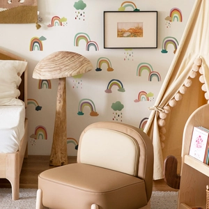 Adesivi murali arcobaleno e nuvole per cameretta in delicati colori Morandi