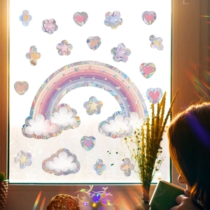 Rainbow clouds heart suncatcher window stickers with iridescent laser finish effect