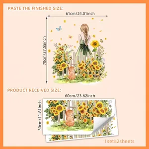 Girl and sunflower wall sticker layout with size guide for home interior decor