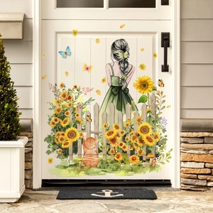 Sunflower Girl Wall Stickers PVC Removable Self Adhesive Decals For Bedroom Living Room Door Decoration Rural Style