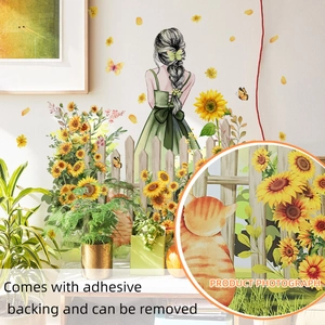 Removable wall sticker featuring sunflower girl and cat with adhesive backing design