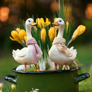 Garden duck ornaments with scarfs in a flower pot, creative PVC yard stake decoration