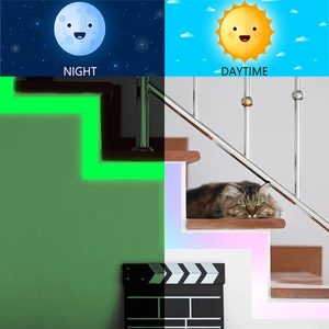 Green luminous anti-slip stair stickers showing day and night glow effects for safety