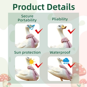 Detail view of duck garden stakes showing waterproof and sun protection features