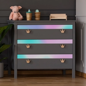 Three-drawer dark gray kids storage chest with holographic accents and crown wood handles