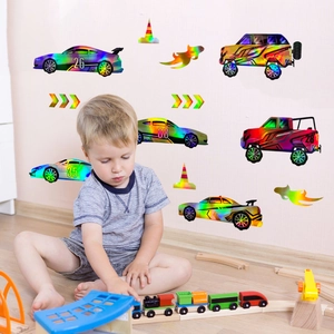 Laser holographic racing car wall stickers showing gradient colors for kids room decor