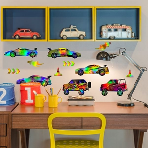 Holographic racing car wall sticker set with gradient laser effect for home decor