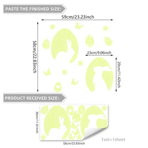 Luminous Easter bunny and egg wall stickers with product dimension layout and sizing