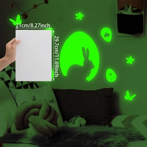 Luminous Easter bunny wall stickers set showing product size dimensions in dark light