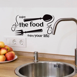 Adesivo murale da cucina autoadesivo con posate e scritta Enjoy the food