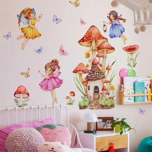 Watercolor fairy mushroom house wall stickers set for children bedroom decor