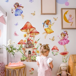 Watercolor fairy and mushroom house wall decals for children's room decor with butterflies