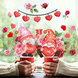 Valentine's Day Gnome Window Clings Heart Rose Static Cling Decals Double Sided Glass Stickers Home Wedding Decor Anniversary Party Supplies