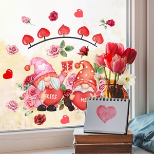 Watercolor Valentine gnomes window clings with rose flower accents and red heart decorations