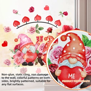 Valentine's Day gnome heart and rose static cling window stickers with double-sided design