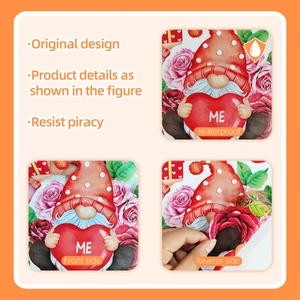 Detail showing waterproof Valentine gnome sticker with roses and double-sided visual effect