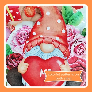Detail of double-sided Valentine gnome sticker holding heart and surrounded by roses