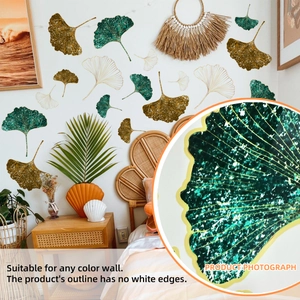 Glittering ginkgo leaf wall stickers for home decor with gold and green DIY leaf designs