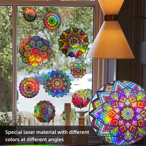 Laser mandala flower window stickers with iridescent prism effect and geometric patterns