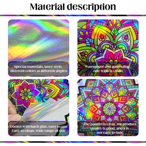 Detailed views of laser gradient mandala wall stickers showing waterproof and adhesive features