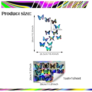 Laser holographic butterfly wall stickers with 15 pieces showing color gradient effects