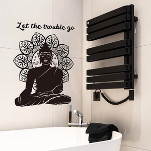 Detail of black Buddha mandala wall sticker with Let the trouble go quote in bathroom