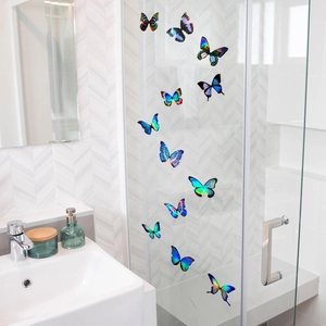 3D colorful laser butterfly wall stickers with holographic gradient effect on bathroom glass