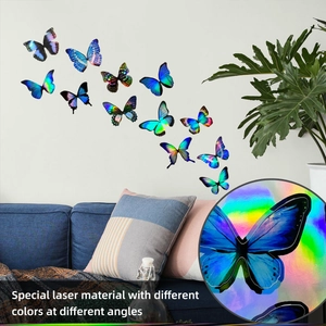 Detail showing laser material butterflies with iridescent color-changing effects on white wall