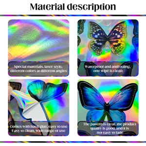 Macro detail of waterproof laser butterfly stickers showing iridescent gradient and adhesive