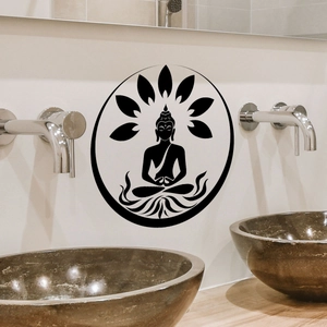 Detail of Buddha wall sticker on a minimalist bathroom wall for zen home decor