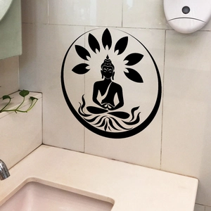 Black Buddha lotus mandala wall sticker for home decor shown in a bathroom setting