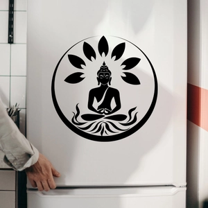 Detail of a black Buddha lotus mandala wall sticker applied on a white refrigerator surface