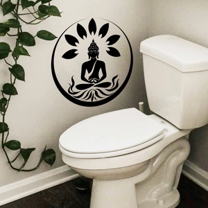 Minimalist black Buddha meditation wall sticker with mandala lotus in bathroom setting