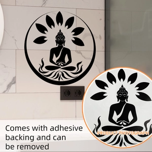 Detail of black Zen Buddha wall sticker with lotus seat and adhesive backing feature