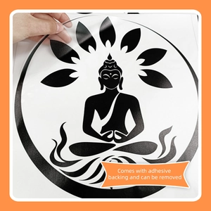 Detail of self-adhesive black Buddha silhouette wall sticker with removable backing film