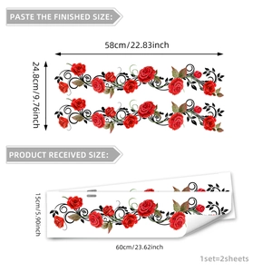 Detailed dimension sheet for red rose vine window decals with finished size 58x24.8cm