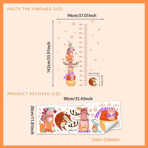 Detail view of cartoon animal height chart wall stickers showing layout and final dimensions