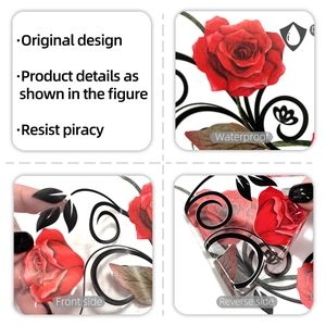 Macro detail of red rose flower vine sticker showing waterproof feature and clear PVC