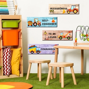 Cartoon Construction Vehicle Wall Stickers Wood Grain PVC Inspirational Quotes Kids Room Nursery Decor