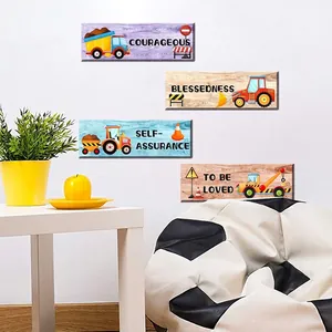 Set of four cartoon construction vehicle wooden wall plaques with inspirational English quotes