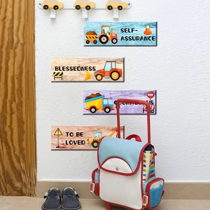 Set of 4 cartoon construction vehicle wall plaques with motivational English quotes