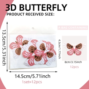 Set of 12 pink 3D butterfly wall stickers with bohemian moon and star patterns