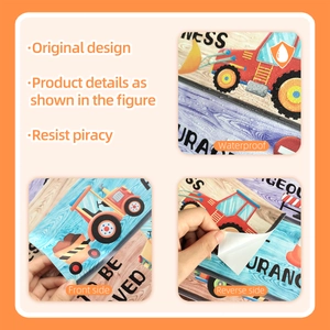 Detail of waterproof cartoon construction vehicle wall stickers with wood texture and adhesive
