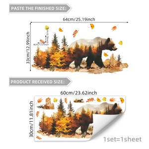 Autumn forest bear static window cling showing landscape design and dimensions
