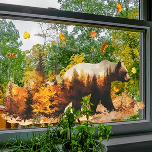 Artistic double exposure forest bear window cling with autumn leaves and pine tree design