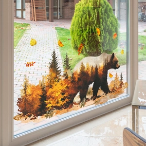Double-sided forest bear and autumn leaves static window decals for glass home decor