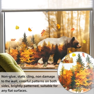 Cartoon bear silhouette with autumn forest window cling stickers double-sided printing