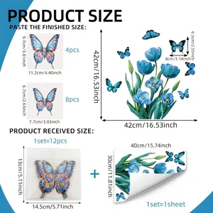 Guide des tailles pour stickers tulipe bleue et lot de 12 papillons 3D décoratifs