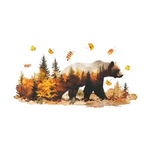 Double exposure bear window sticker with autumn forest landscape and falling pine leaves